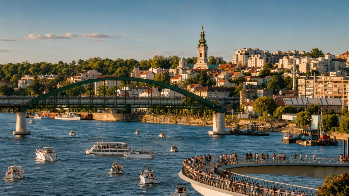 Letnji pogled na Beograd sa rekom, brodovima, pešačkim šetalištem, mostom i panoramom grada u pozadini