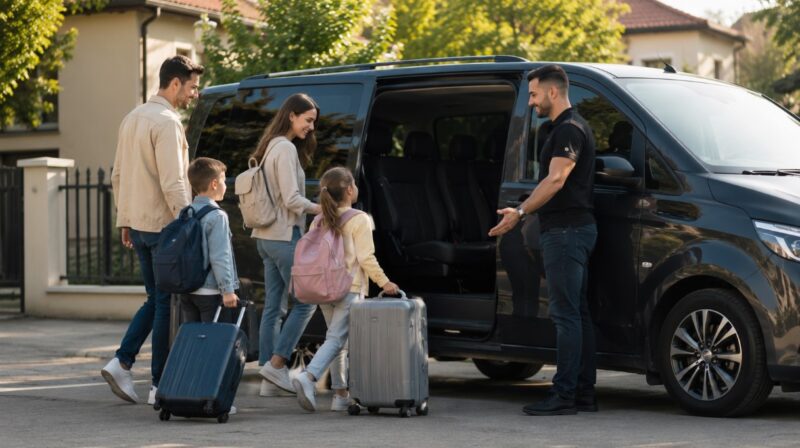 Porodica sa dvoje dece i koferima ulazi u udoban kombi koji ih preuzima ispred kuće za putovanje do željenog odredišta.