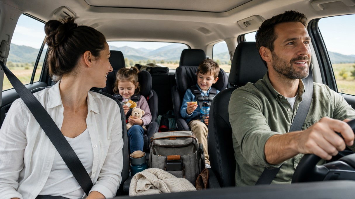 Roditelji putuju automobilom sa dvoje dece u autosedištima, uz pripremljene grickalice, vodu i torbu za put.