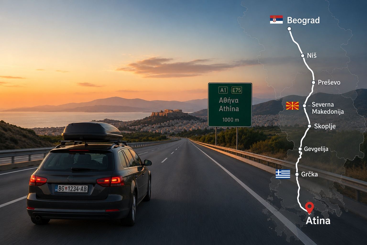 Automobil na autoputu ka Atini uz prikaz rute od Beograda.