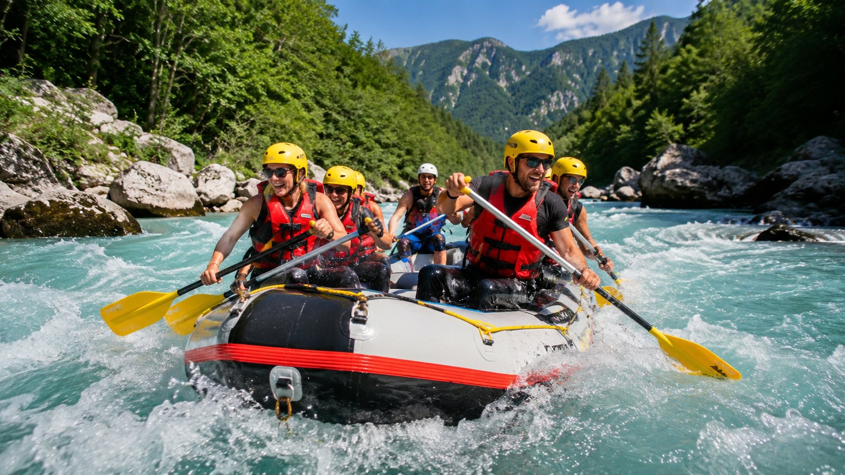 Tim u zaštitnoj opremi zajedno vesla kroz brzake tokom raftinga u planinskom predelu Tare i Drine.